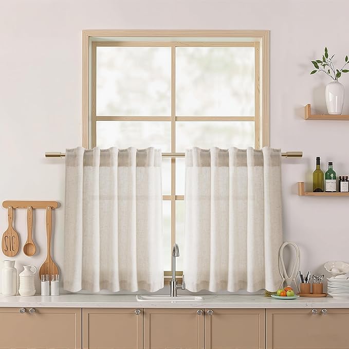 Nanspring Beige Cafe Curtains 24 Inch Length Linen Blend Privacy Cortinas para Cocina Back Tab and Rod Pocket Rustic Farmhouse Short Curtain for Half Window Kitchen/Bathroom 30 x 24, 2 Panels