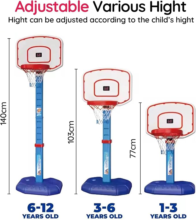 Basketball Hoop Set for Kids Toddler Indoor Outdoor, Digital Scoreboard, Adjustable Height 3 Levels, 2 Balls, Easy Setup, Poolside Sports Portable Goal, Ages 3-12, Toy for Boys Girls.