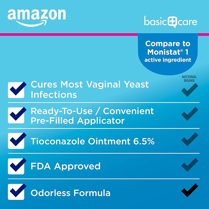 Amazon Basic Care Tioconazole Ointment 6.5 Percent, 1-Dose Yeast Infection Treatment For Women, Fast Acting Relief, Pre-Filled Applicator, Odorless Formula, 0.16 ounce (Pack of 1)