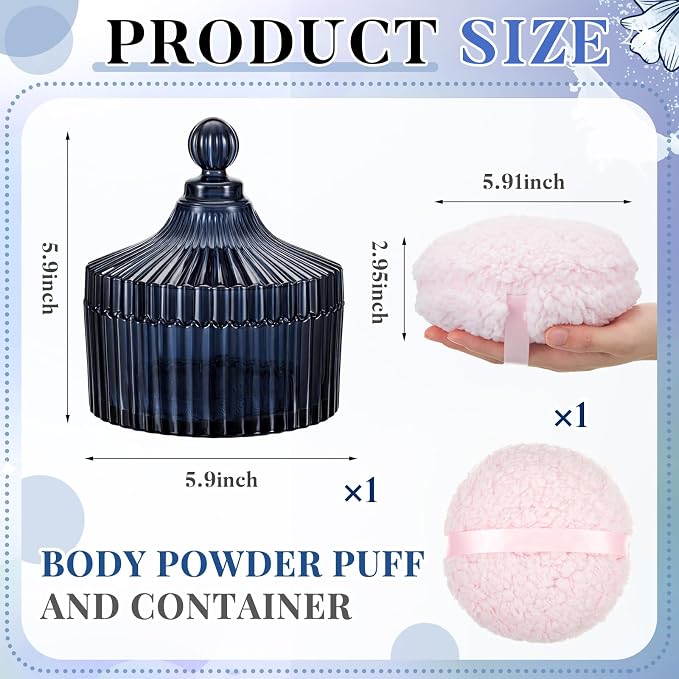 Tioncy 2 Pcs Extra Large Dusting Powder Puff and Container for Women-6'' Glass Crystal Dusting Powder Container with Body Soft Washable Reusable Velour Face(Black,Classic)