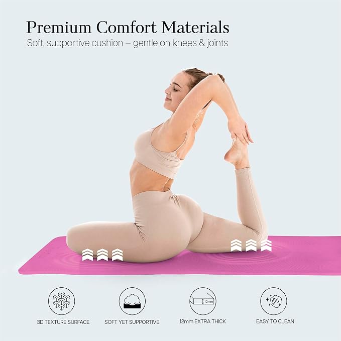 Extra Thick 12mm Exercise Mat – 74"L x 26"W Inch, Non-Slip, Joint-Friendly & Cushioned Fitness Mat for Yoga, Pilates & Floor Workouts – Durable, Supportive & Includes Feetlu Classic Strap