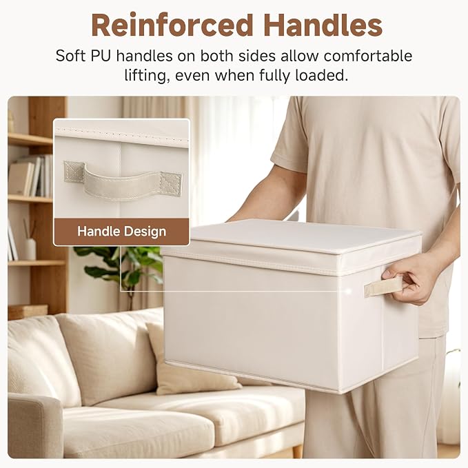 StorageWorks Fabric Storage Bins with Lids, Closet Storage Bins | Lidded Dust-proof, Easy Pull Handles, Foldable, Stackable, Ideal for Clothes Blanket Towel, Jumbo, Cream White, 3-Pack