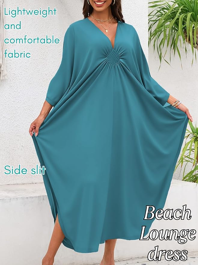 ChiaoLezhee Print Moo-Moos for Women, Kaftan Cover-Up Dresses, Sexy V-Neck High-Slit, Beach Pool-Party Coverups Muumuu Plus