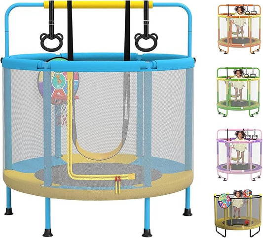 60" Trampoline for Kids, 5ft Toddler Mini 6-in-1 Trampoline Indoor Outdoor with Swing, Basketball Hoop, Dart Board, Rings, Christmas Toys Birthday Gifts for Girls Boys