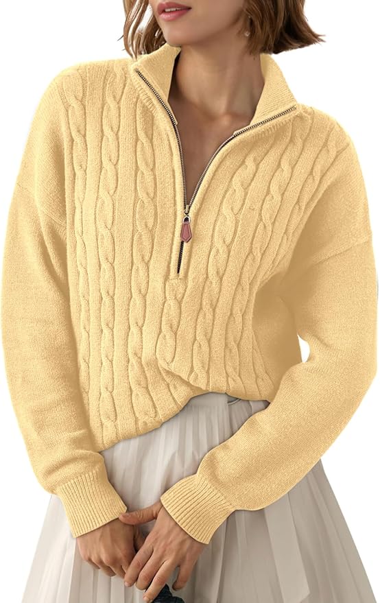 Dokotoo Women's Sweaters 2026 Fall Winter Quarter Zip Ribbed Cable Knit | Long Sleeve,Polo Neck,Lightweight Knit Pullover,Soft Comfy Tops,Casual Trendy Outfits,Fashion Clothing