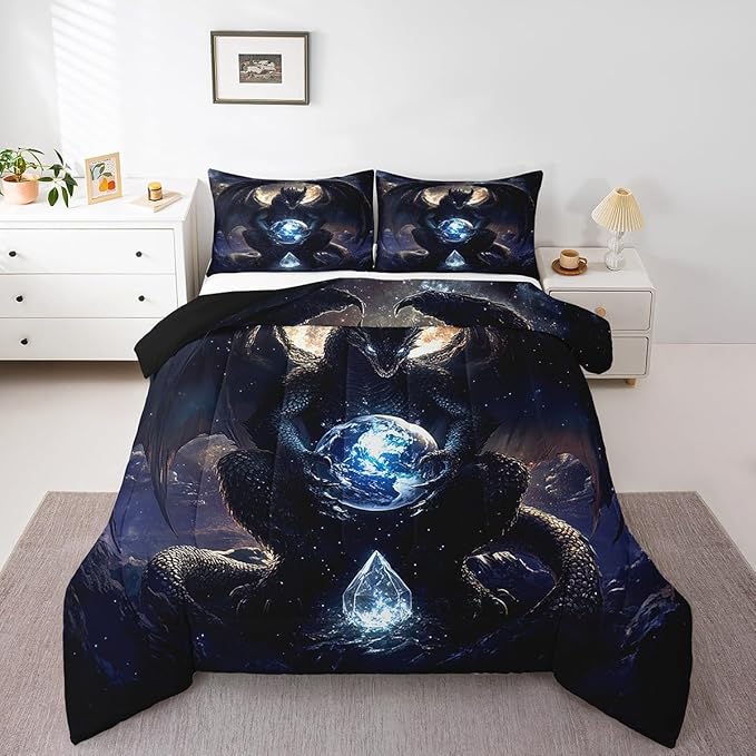 Feelyou Dragon Comforter Set Queen Size Dragon Stuff Bedding Set for Boys Girls Teens Wild Life Duvet Set Room Decor Black Quilt Set