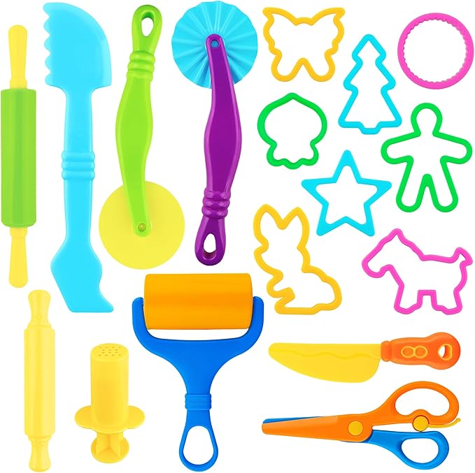 Dough Tools 17pcs Dough Tools Play for Kids Clay Accessories with Rolling Pins,Cutters,Roller,Safety Scissors,Plastic Knife