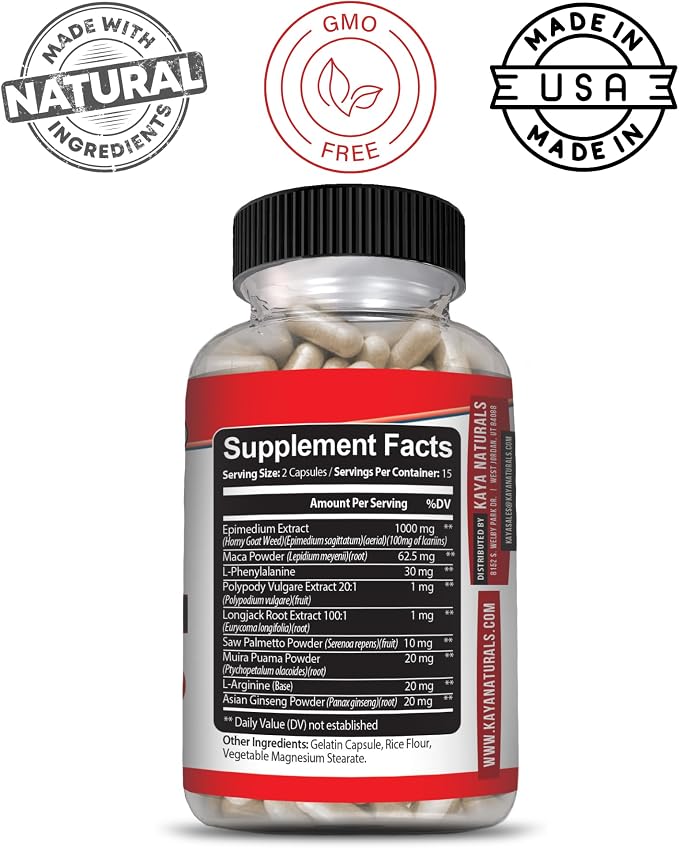 Kaya Naturals Horny Goat Weed for Men and Women - 1560mg Complex with Maca, Saw Palmetto, Ginseng, Arginine Vitamin Supplement - Horny Goat Weed - 30 Count
