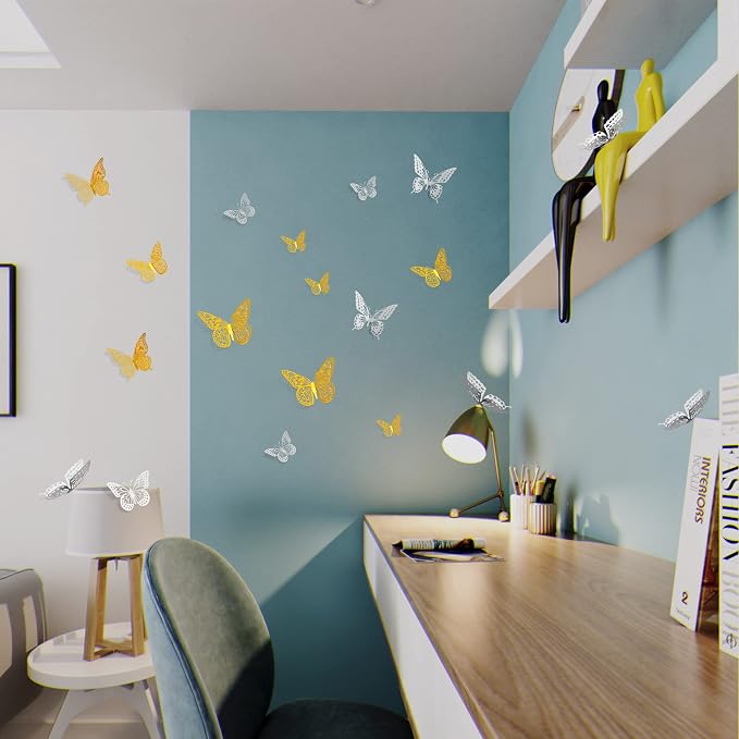 SAOROPEB 3D Butterfly Wall Decor 48 Pcs 4 Styles 3 Sizes, Butterfly Birthday Decorations Party Decorations Cake Decorations Wedding Decor, Removable Stickers (Gold, Silver) | 4 Styles 3 Sizes, Party Decorations Birthday Cake Decorations Wedding Decor, ...