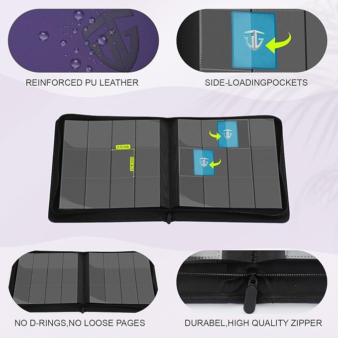 12 Pockets Trading Card Zipper Binder for 720 Cards| Secure Side Loading Pockets | Trading Card Album Folder | Compatible with YuGiOh, MTG,Sports Cards (Purple 12)