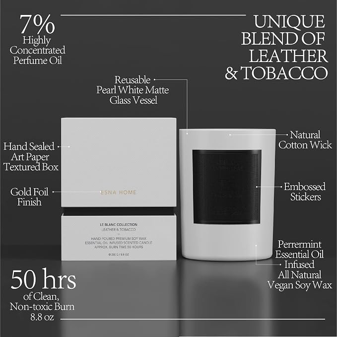 Scented Aromatherapy Candle Lavender Essential Oil All Natural Soy Wax Leather & Tobac Highly Scented Candles for Home Christmas Gifts for Men Anniversary for Him Office Decor Gift Ideas 8.8oz 50hrs
