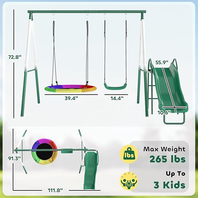 Qaba Swing Set for Backyard with Adjustable Seat and Saucer Swing, 5' Slide, Heavy Duty A-Frame Metal Stand Outdoor Playground Playset for Kids, Dark Green, 112" x 91" x 73"