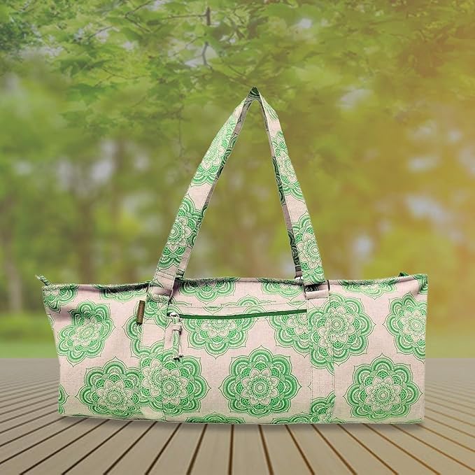 Yoga Mat Bag for Women, Cotton & Jute Storage Bag with Mandala Print, Large Multi-Functional Yoga Bag with Zipper Pocket, Mat Carrier Bag, Fitness Mat Holder for Yoga, Studio, Workout (29x8x12)