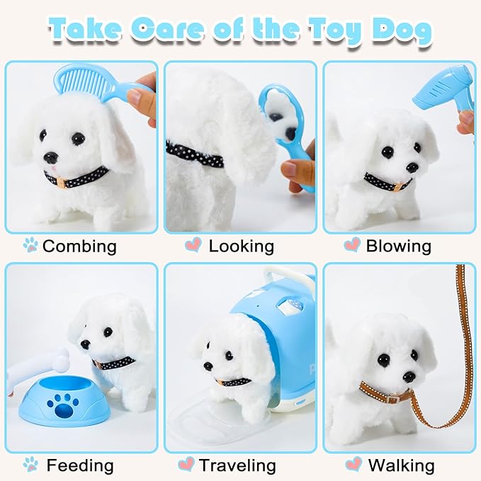 Dog Toys for Kids Girls, Walking and Barking Electronic Interactive Plush Puppy Toy Set and Pet Care Toy Set Accessories, Pretend Playset for Toddlers, Girl Role Play Gift for 3 4 5 6 Year Old