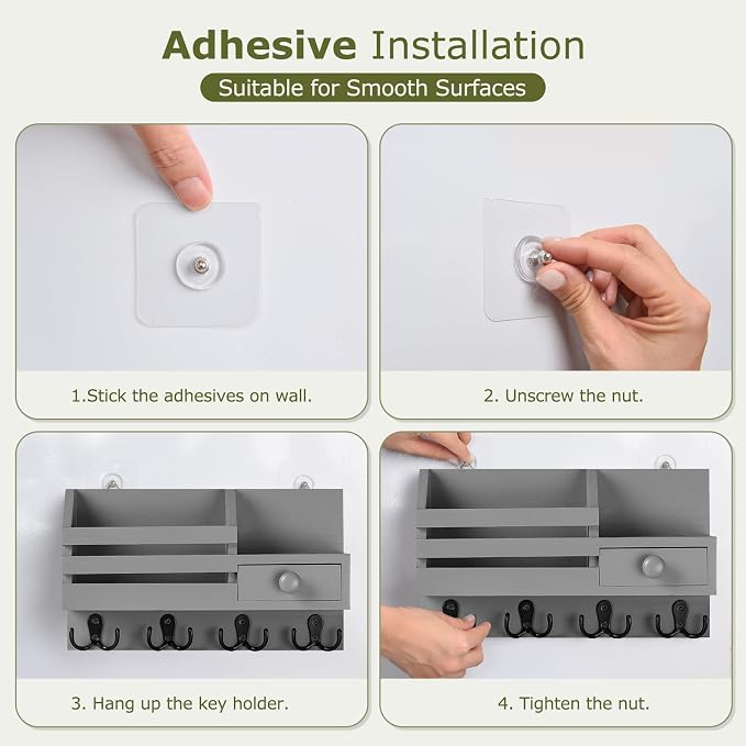 Key Holder Wall Mount, Wooden Key and Mail Organizer, Gray | 2 Mount Options, Includes 8 Hooks, Fence Mail Slot, Small Drawer and Shelf, for Entryway, Hallway, Doorway, Living Room, RV