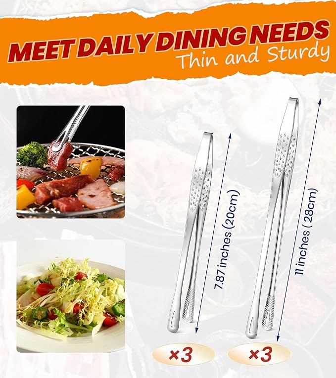 Ugotit 6 Pack Cooking Tongs, Korean BBQ Tongs Stainless Steel | Kitchen Tweezers Thin, Japanese Yakiniku Grill Tongs for BBQ, Frying, Salad, Hot Pot, 11In+7.87In