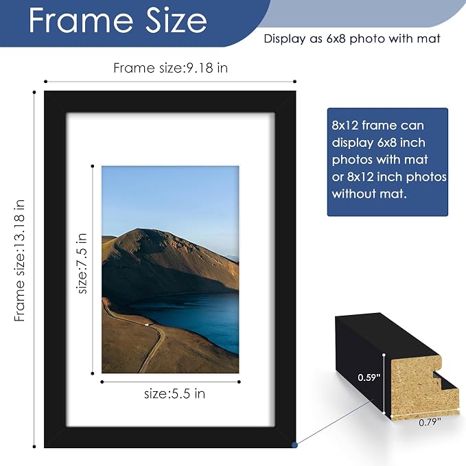 8x12 Picture Frame Set of 6, Wall or Tabletop Display, Black | Display 6x8 with Mat or 8x12 Without Mat, Horizontal or Vertical, Gallery Wall Frame Set for Wedding & Room & Home Decor