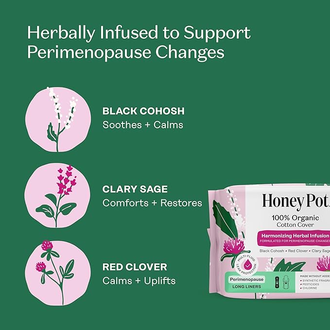 Honey Pot - Perimenopause Long Panty Liners for Women - 100% Organic Cotton Top Sheet - Feminine Care - Multi-Fluid Absorbency - Harmonizing Herbs of Black Cohosh, Clary Sage, & Red Clover - 30ct