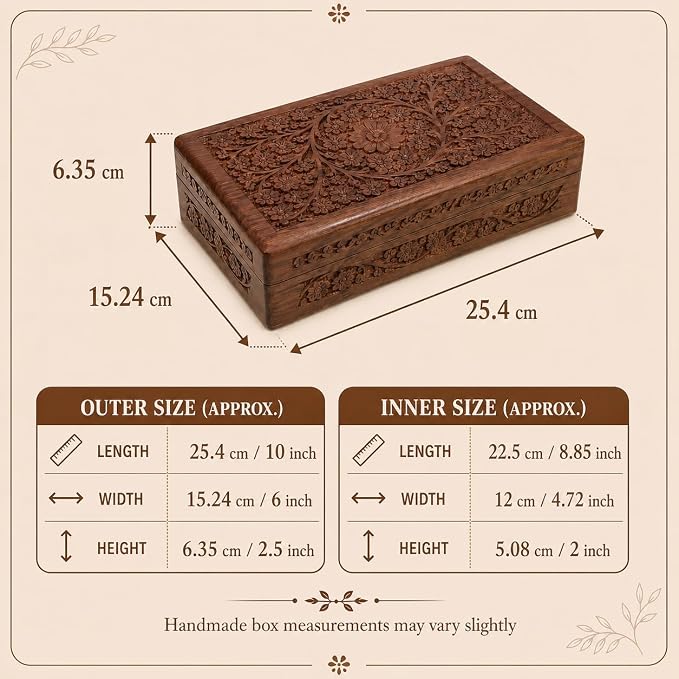 Ajuny Wooden Handcarved Decorative Jewelry Storage Box Flower Design Multipurpose Treasure Chest Keepsake Organizer Necklaces Watch Boxes Great for Gifts 10x6 Inch
