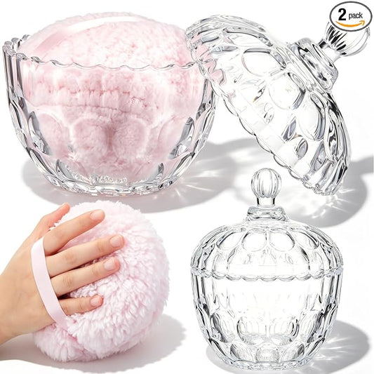 Tioncy 2 Pcs Extra Large Dusting Powder Puff and Container for Women-6'' Glass Crystal Dusting Powder Container Soft Washable Reusable Velour Face(Clear,Apple)