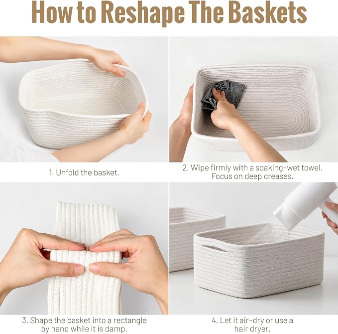 5 Pack Small Woven Storage Baskets for Shelves, Gift Baskets Empty | 11.8"x7.9"x4.7", Decorative Cotton Rope Baskets Organizer, Cute Storage Bins for Organizing Bathroom, Closet, Nursery, White