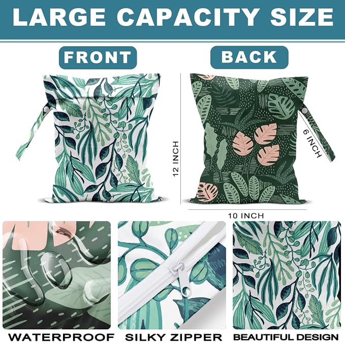 2Pcs Tropical Wet Bag 12x10 Inch, Plant Waterproof Reusable Wet Dry Bags, Leaves Washable Travel Laundry Bags for Swimsuit Beach Diapers Dirty Yoga Gym Clothes, Plants Gifts for Women Friend