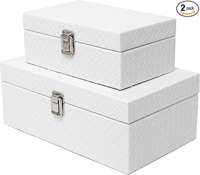 DECOR4SEASON Faux Leather Decorative Jewelry Storage Organizer Boxes Set of 2, White | Modern White Box for Vanity, Entryway & Coffee Table Décor