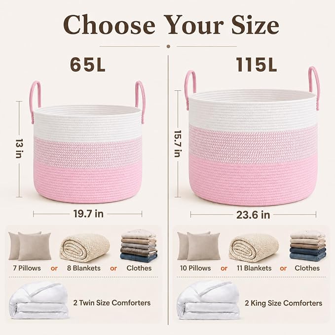 JMvicyroam 115L Extra Large Blanket Basket for Living Room - Woven Cotton Rope Laundry Hamper with Reinforced Handles - Storage Bin for Pillows, Comforters & Toys - Machine Washable,White&Pink Mix