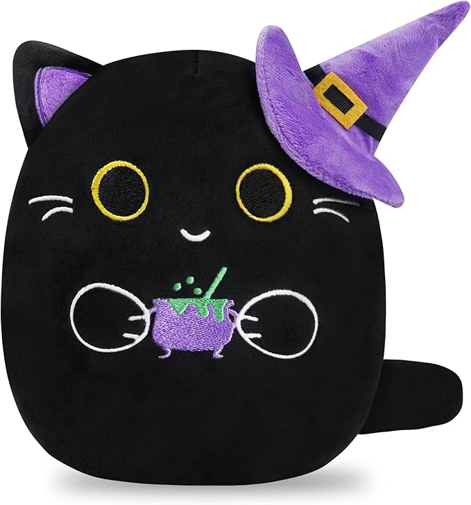 Halloween Stuffed Animal Plush Toy - 8 Inch Black Cat with Wizard Hat Plush Pillow Soft, Cute Stuff Animals Plushies Toys Gift for Kids Girls Boys, Halloween Birthday Party Decorations