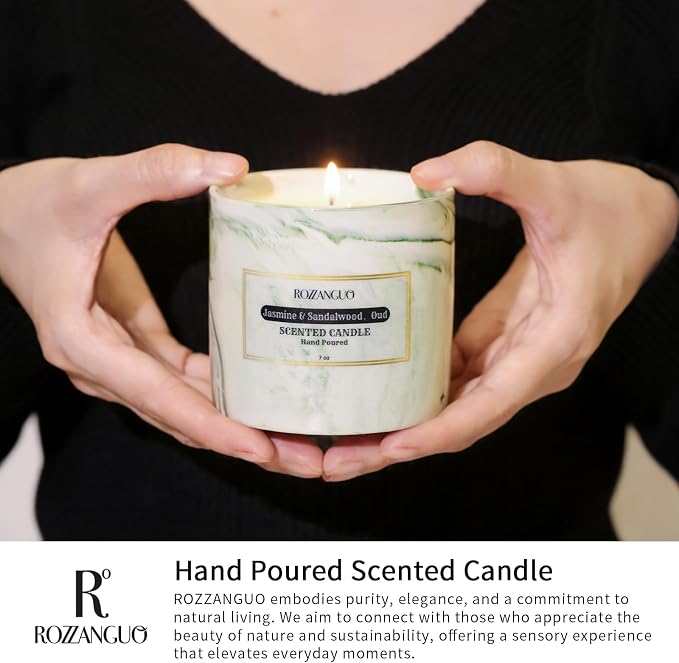 Luxury Marble Jar Scented Candle | Women Men | Non Toxic 100% Natural Coconut & Soy Wax Blend Cotton Wick | Hand Poured Highly Scented Long Lasting (Jasmine & Sandalwood, Oud, 7 Ounces)