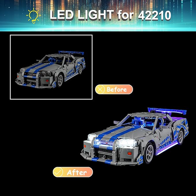 LED Light Kit for Lego 42210 2 Fast 2 Furious Nissan Skyline GT-R (R34) Car, Compatible with Lego 42210 Building Blocks Model(Not Include Blocks Set)