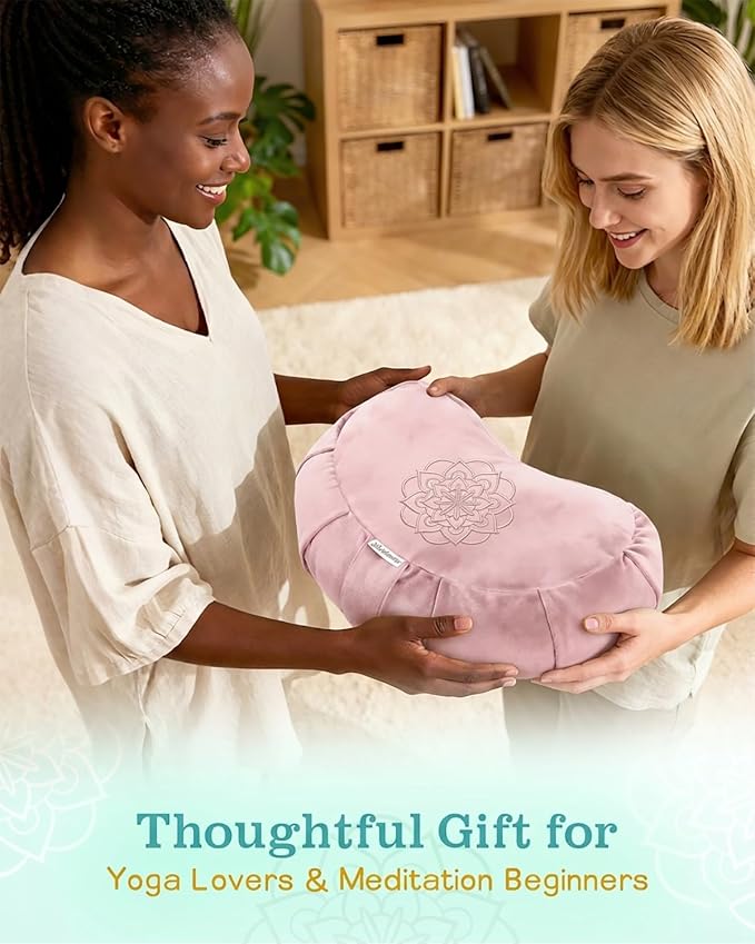 Hihealer Premium Crescent Meditation Cushion, Ergonomic Buckwheat Hull Floor Pillow for Adults, Comfortable Yoga Bolster for Meditation & Floor Sitting (Pink)