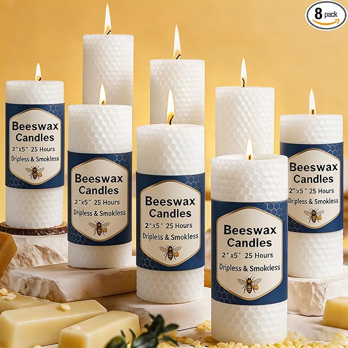 8 Pack Beeswax Pillar Candles, White Natural Beeswax Candles 160 Hours Long Burning for Emergency,Unscented Organic Bees Wax Candle for Home,Prayer,Dripless Smokeless 2x5in