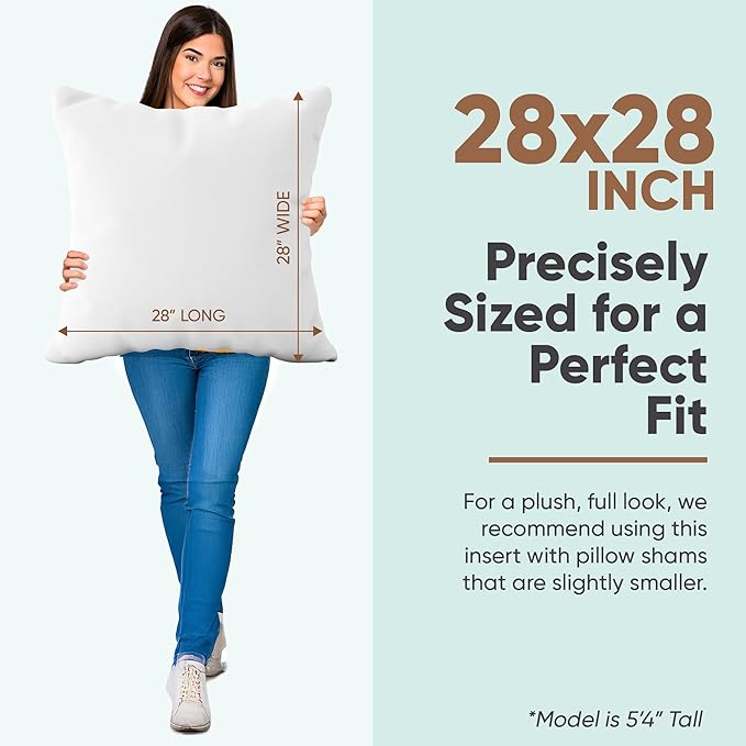 Pillowflex Synthetic Down Pillow Insert 28x28 in - Karate Chop Pillow | Large Square Euro Sham Form, Plush Polyester Cotton Blend, Cloud-Like Comfort, Clump-Resistant Fill, Smooth Elegant Finish