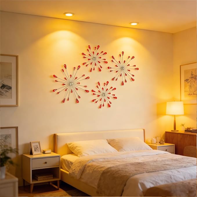 ZEXUIRU 4 Set Silver Starburst Wall Art for Home Decor Metal Bling Crystal Rhinestones Sunburst Wall Decor Sparkling Rhinestone Art Accent -Red 13in/11.8in/9.8in/9.8in