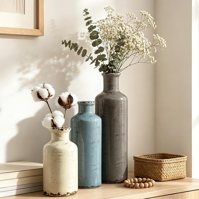 CUCUMI Ceramic Vases Set of 3, Rustic Vintage Vases Coastal Home Decor | Farmhouse Flower Vases Decor for Shelves, Ocean Beach Style, Mantle, Fireplace, Coffee Table, Shelf Decorations