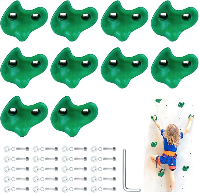 10PCS Green Rock Climbing Holds, Rock Climbing Wall for Kids, Extra Large Size Climbing Rock Wall Grips with Mounting Hardware and Wrench for Indoor Outdoor Playground, Installed on Wooden Board