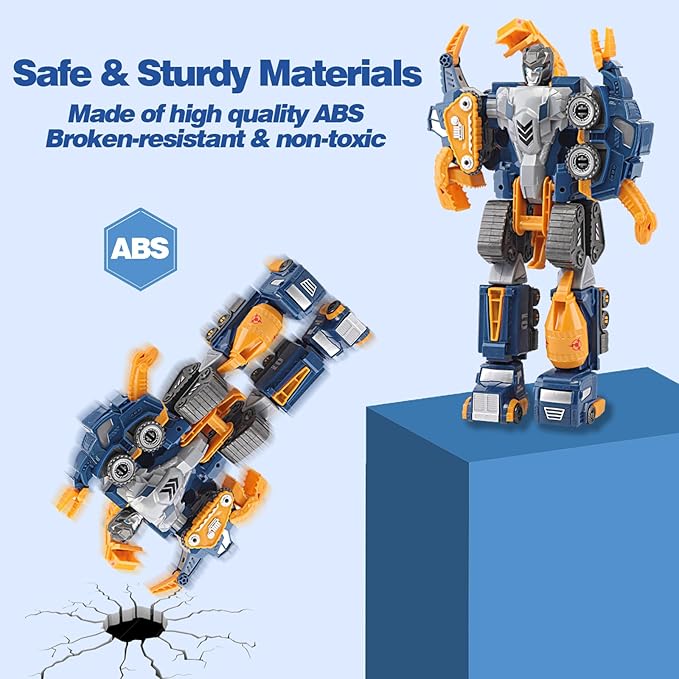 Toddler Construction Car Transform Set, 5pcs Dinosaur Rescue Robot with Magnetic Connectors, Assemble Building Trucks DIY STEM Toy, Birthday Present for Kids Boy Girl 3 4 5 6 7 Year