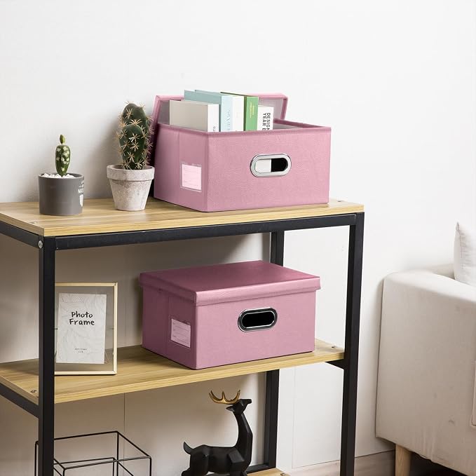 Collapsible Storage Box with Lid [1-Pack] Leather Fabric Foldable Storage Bin Organizer Container Basket Cube with Cover for Home Bedroom Closet Office Nursery Pink (13.6x9.6x6.9)