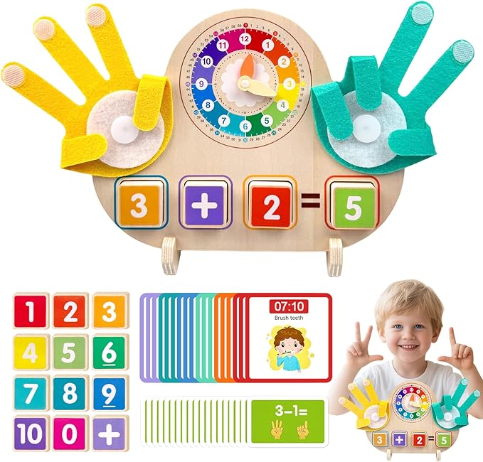 Montessori Toys for 3 4 5 Year Old – Math Manipulatives with Clock, Number Blocks & Finger Counting Cards, Educational Preschool Learning Activities & Toys for Toddlers Ages 3+