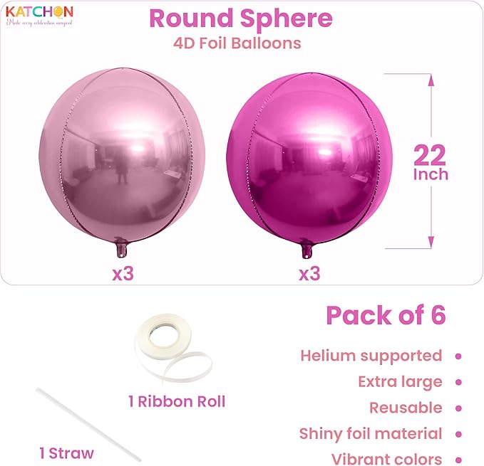 KatchOn, Pink Balloons - 22 Inch, Pack of 6 | Rose Gold Mylar Balloons for Princess Birthday Party Decorations | Valentines Balloons for Galentines Day Decorations | Baby Shower, Bachelorette Party