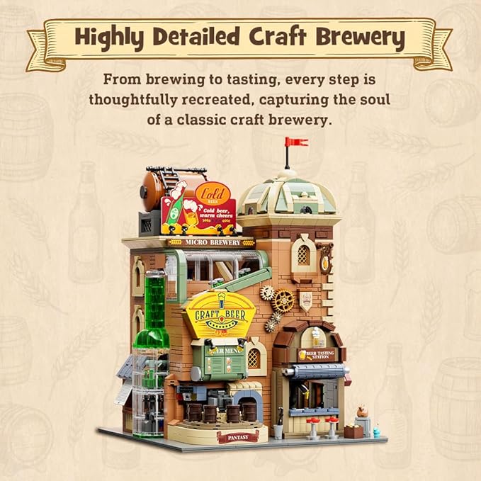 Craft Beer Brewery Building Set for Adults – Vintage Microbrewery Factory Model with Modular Architecture, Dynamic Mechanisms, Self-Developed Minifigures & Display-Ready Design