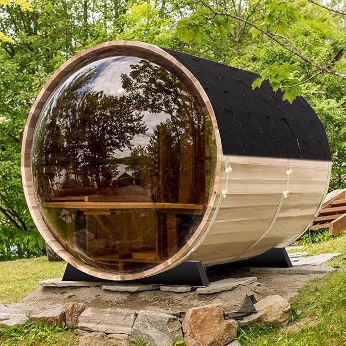 Outdoor Wooden Panoramic Barrel Sauna, 6-8 Person Sauna Room, 220V，6kw Toule Electric Heater with Sauna Stone, Canadian Helmock, Asphalt Shingle Roof (Helmock)
