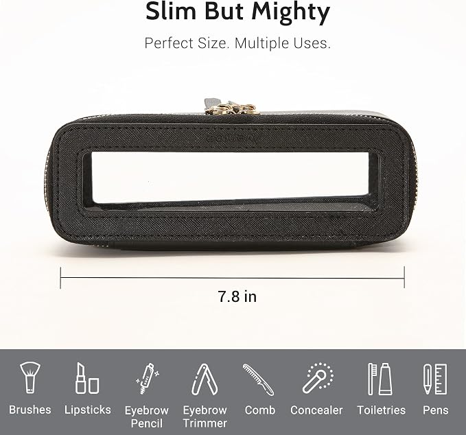 Aveniee Clear Makeup Brush Bag,Slim Cosmetic Brush Holder,Small Toiletry Bag Mini Travel Case for Women,Thin Make up Bags with Dual Zipper,Cute Travel Essentials Organizer,Black