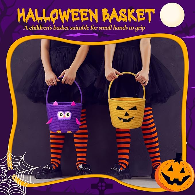 Halloween Basket with Handle Cute Bucket Cotton Rope Woven Candy Server Bag Pumpkin Witch Cat Pig Storage Basket for Halloween Party Favor(Owl,Purple,1 Pack)