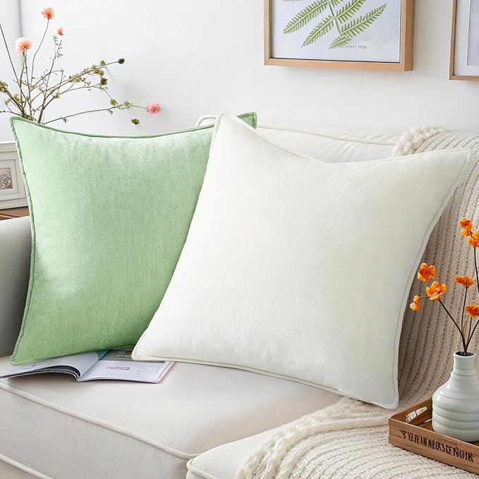 decorUhome Chenille Cream White Velvet Throw Pillow Covers 22x22 Set of 2 | Fall Soft Euro Sham Couch Decorative Modern Farmhouse Pillow Cases with Elegant Design for Sofa Bed Living Room Home Decor