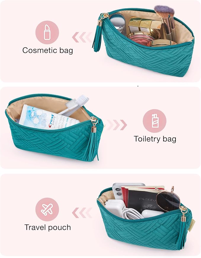 BAGSMART Small Makeup Bag, Elegant Cosmetic Pouch with Tassel, Soft Water-Resistant Travel Organizer for Women, Cosmetics & Everyday Essentials, Teal