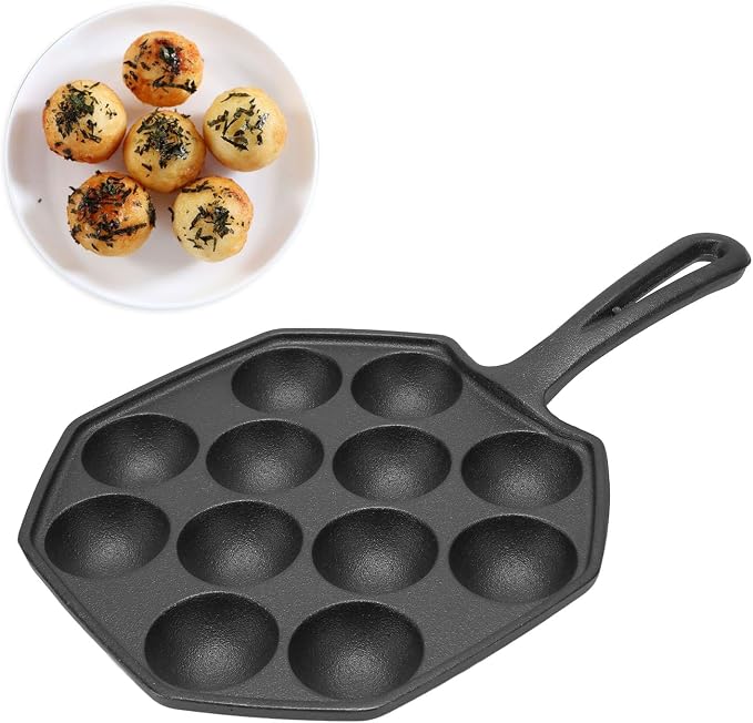 HERCHR 12 Grid Takoyaki Pan, Cast Iron Octopus Meatballs Frying Pan 18cm/7.09in Diameter Non Stick Omelet Breakfast Maker Skillet for Home Cooking