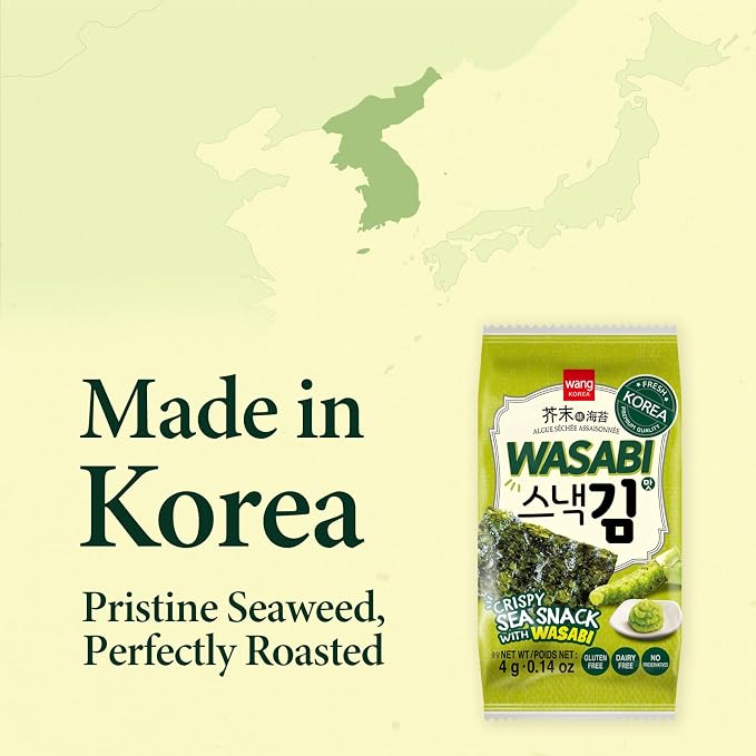 Wang Korean Seaweed Snacks Wasabi Flavor, Crispy Roasted Seaweed Sheets | Healthy Sea Weed Snack, Keto Vegan Gluten-Free, Pack of 16
