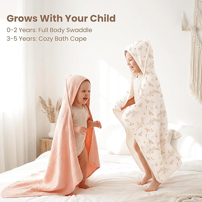 Konssy 2-Pack Muslin Hooded Baby Towels, 100% Cotton, Ultra-Soft & Absorbent Baby Bath Towels with Hood for Newborn & Infant (Pink, Floral,37.5" x 37.5")